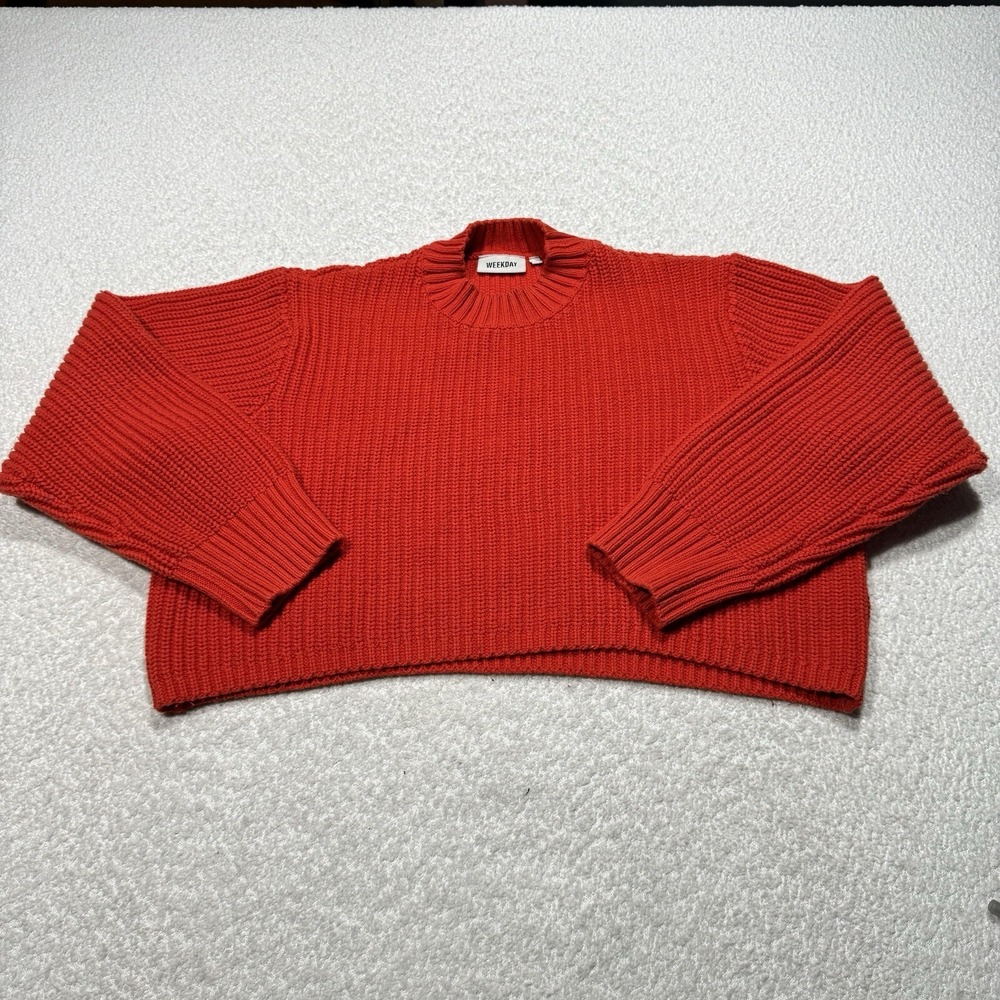 Weekday Women's Sweater Orange Red Knit Cropped Pullover Jumper Long Sleeve XS
